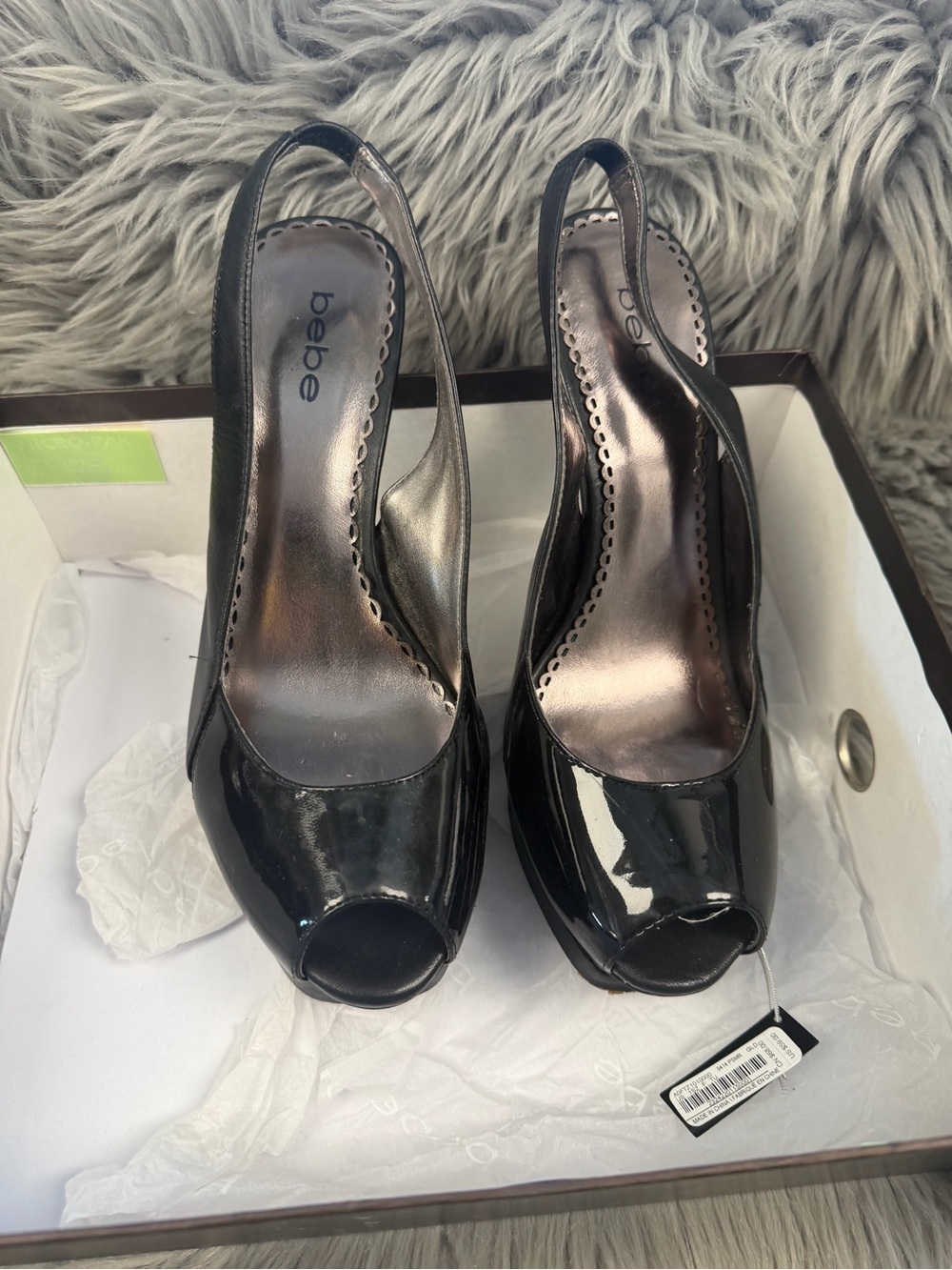 bebe Black Patent Peep-Toe Slingback Heels